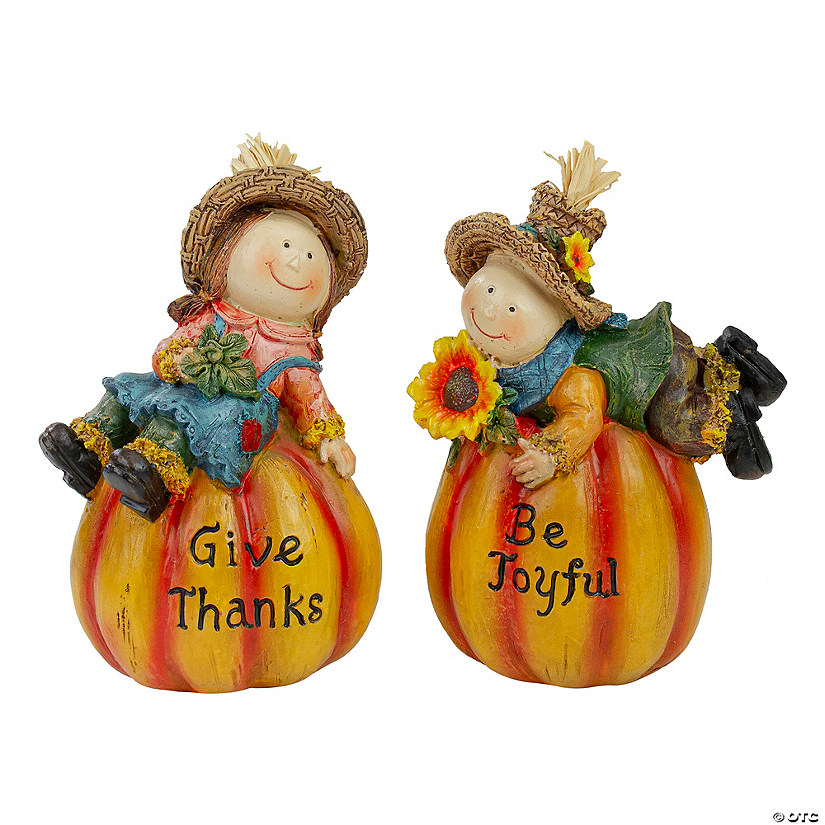 Northlight Set of 2 Girl and Boy Scarecrow Pumpkins With Sunflowers and Leaf's Fall Figurines - 6.5&quot; Image