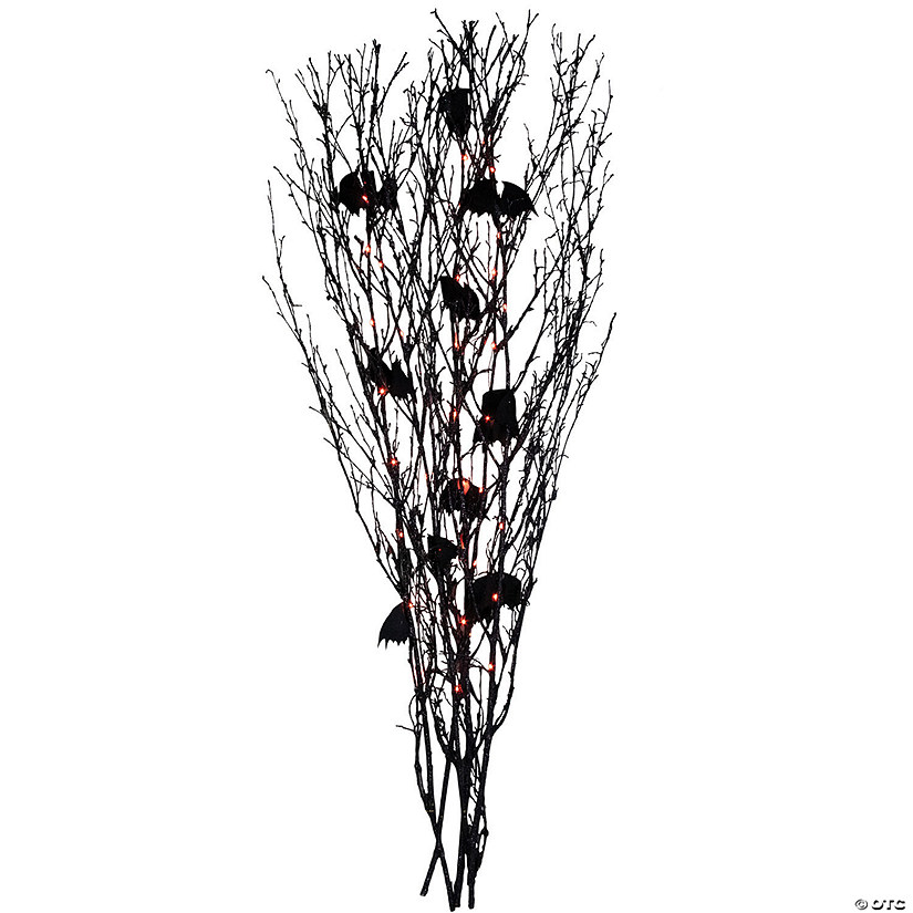 Northlight Set of 5 Black Glittered Halloween Branches with Bats 4' - Orange LED Lights Image
