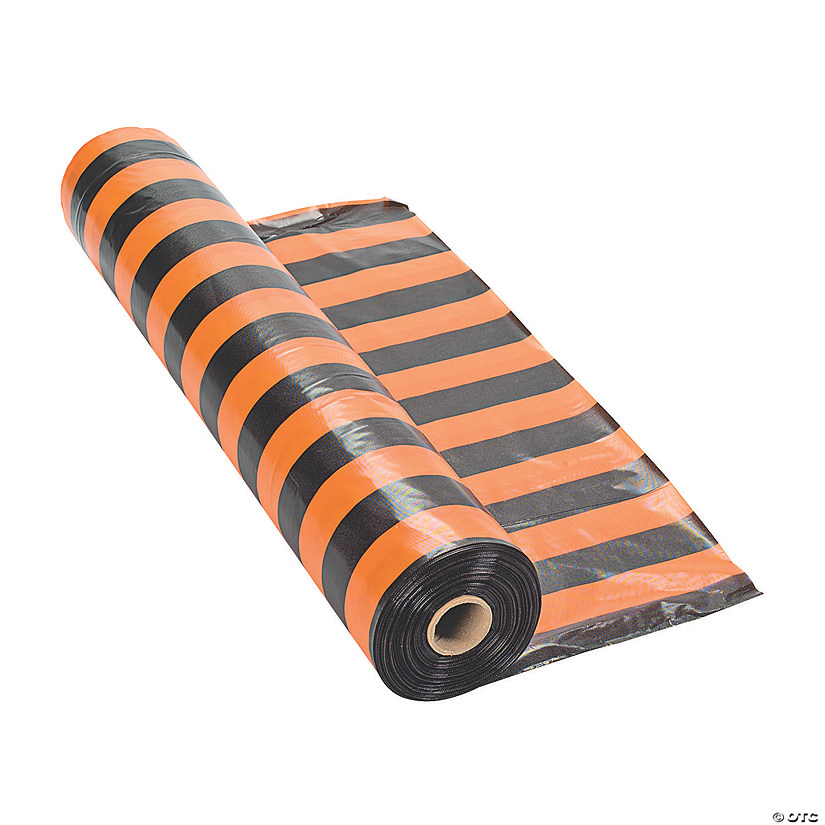 Orange &amp; Black Striped Halloween Plastic Tablecloth Roll Image