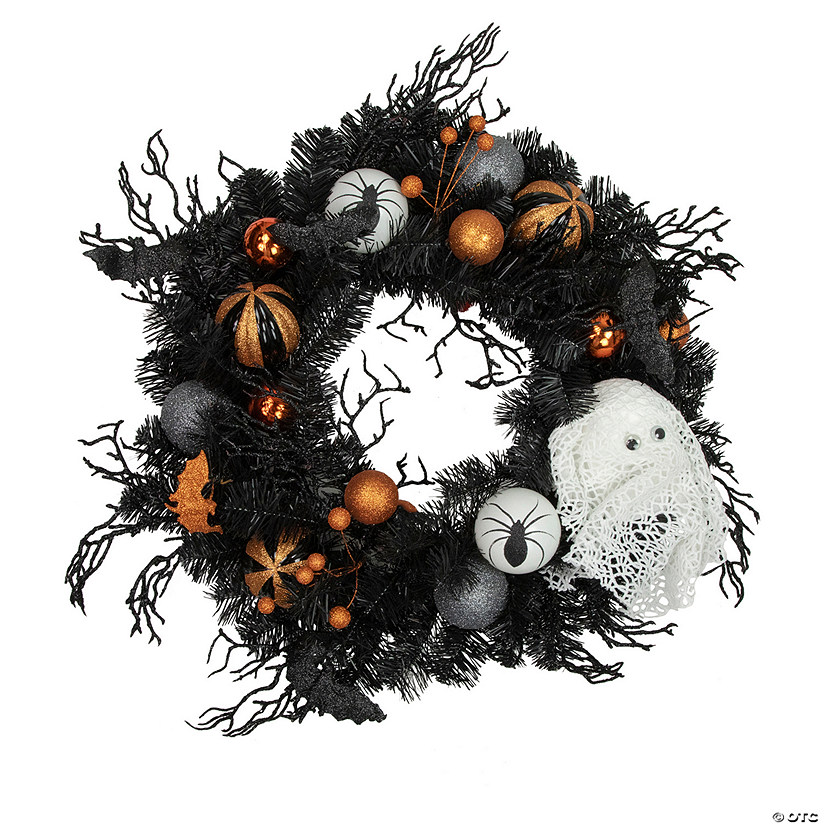 Orange Ornaments and Ghost Halloween Pine Wreath  24-Inch  Unlit Image