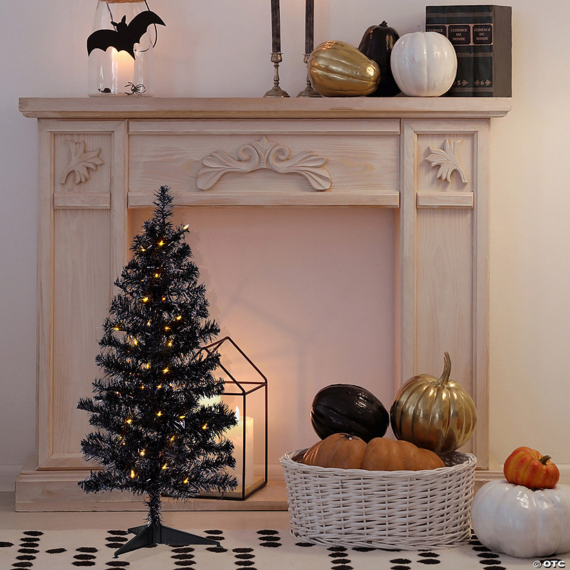 Pre-Lit Artificial Tinsel Halloween Tree - 3' - Black - Clear Lights Image