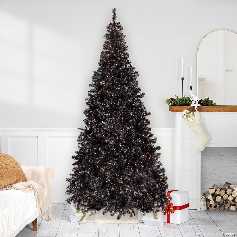 Pre-Lit Artificial Tinsel Halloween Tree - 9' - Black - Clear Lights Image