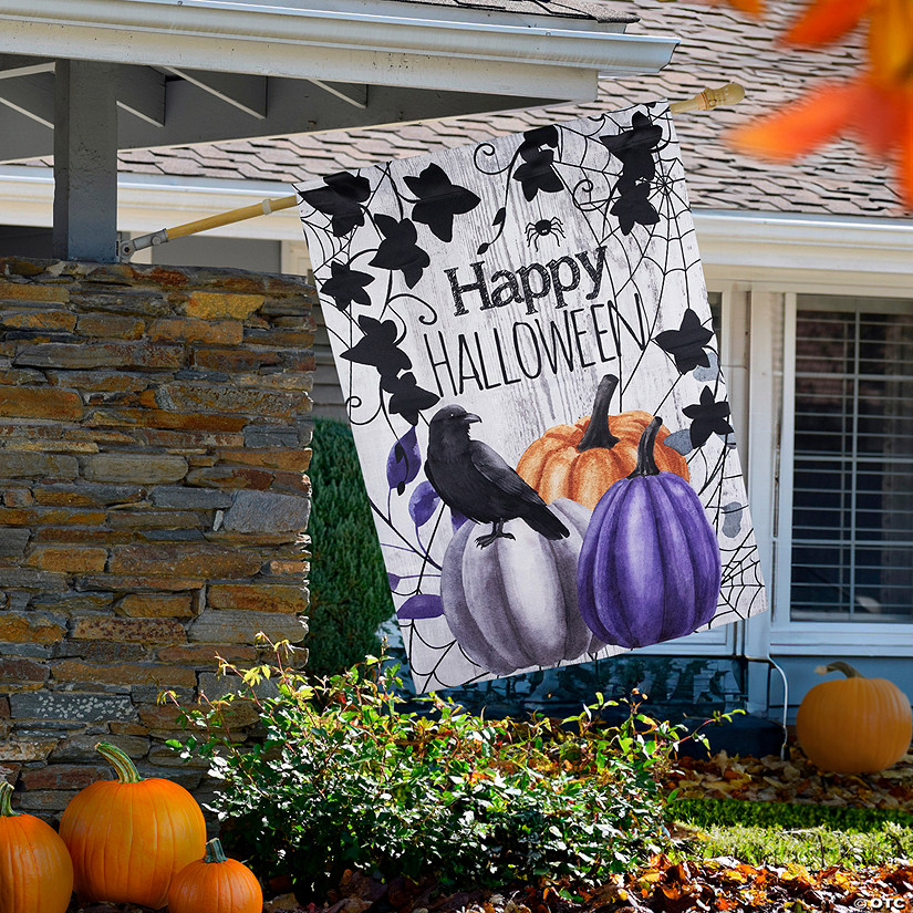 Pumpkins and Crow "Happy Halloween" Outdoor House Flag - 40" x 28" Image