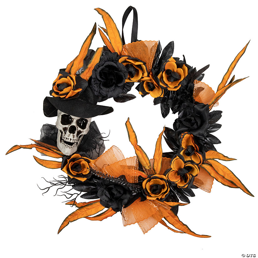 Skull with Black and Orange Roses Halloween Wreath  14-Inch  Unlit Image