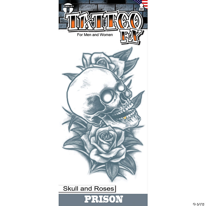 Tinsley Transfers Prison Skull &amp; Roses Temporary Tattoo Image