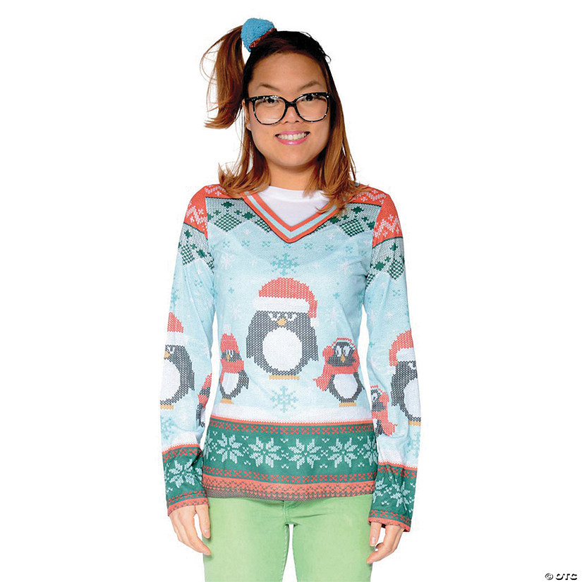 Ugly Christmas Sweater Winter Penguins T-Shirt Costume for Women Image