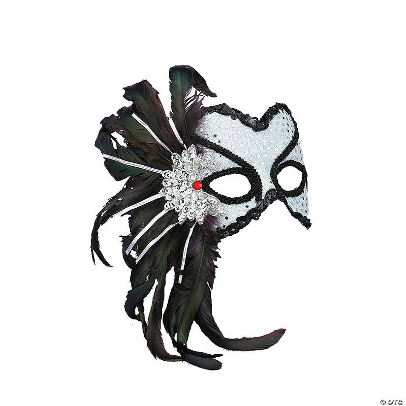 Venetian Masquerade Black &amp; Silver Sequin Mask with Feathers Image