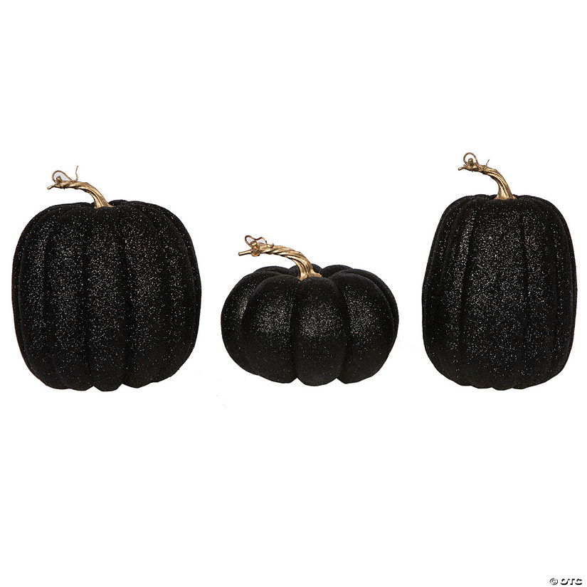 Vickerman 8" Black Pumpkins Assorted Set of 3. Image