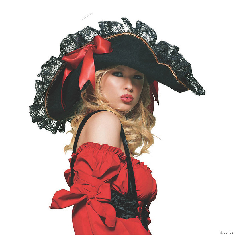 Women's Black Swashbuckler Hat with Lace &amp; Red Ribbon Image