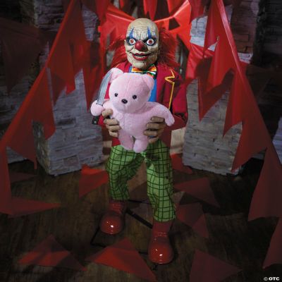 4 Ft. Animated Creepy Clown with Pink Bear Halloween Decoration | Halloween Express